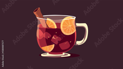 Warm spiced mulled wine in glass with orange slices and cinnamon stick flat vector illustration