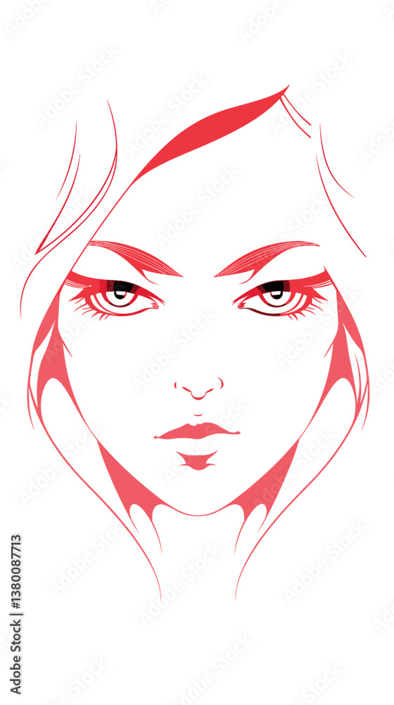 Minimalist red and white portrait of young female with intense gaze flat vector illustration Minimalist red and white portrait of young female with intense gaze flat vector illustration