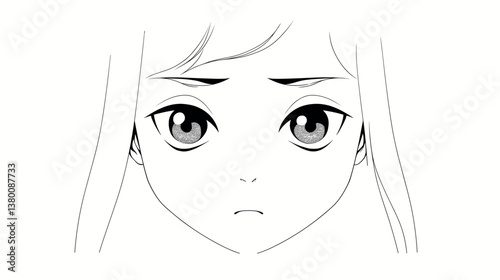 Anime style female character face with expressive eyes in black and white flat vector illustration