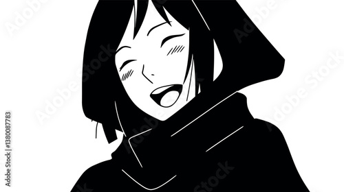 Smiling anime female character with dark hair and scarf flat vector illustration