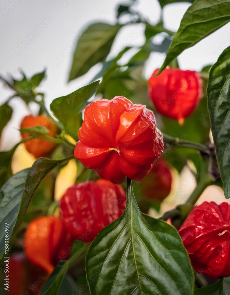 Firefly rocoto peppers ripening, displaying deep red hue and distinctive apple shaped contours against verdant foliage Firefly rocoto peppers ripening, displaying deep red hue and distinctive apple shaped contours against verdant foliage