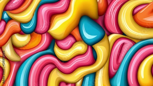 A seamless vector pattern of wavy, colorful candy patterns with intricate contour lines.