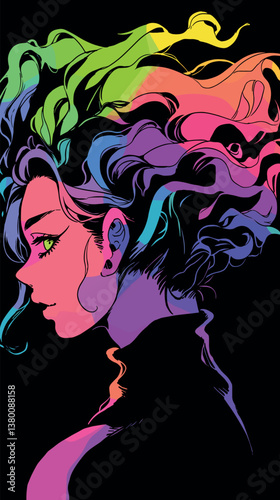 Colorful abstract anime portrait of female with vibrant hair flat vector illustration