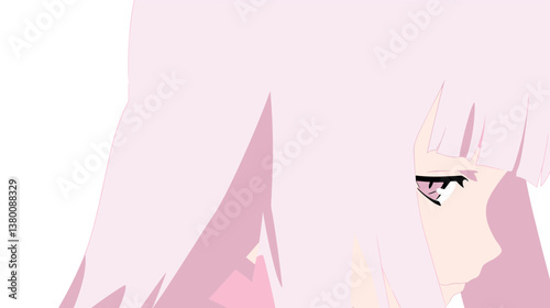 Anime character with pink hair and closed eyes in profile view flat vector illustration