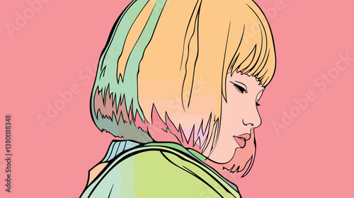 Colorful asian female portrait with short hair on pink background flat vector illustration