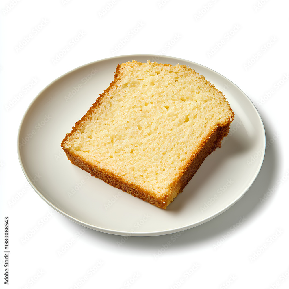 A single slice of classic pound cake on a white plate A single slice of classic pound cake on a white plate