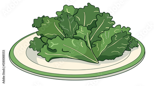 Fresh green leaf lettuce on plate - healthy food and nutrition concept flat vector illustration