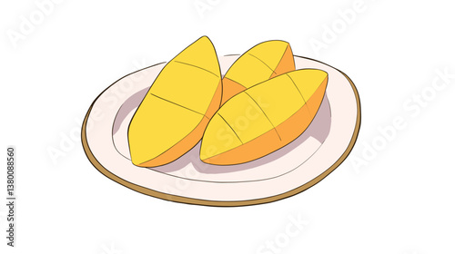 Sliced mangoes on plate - fresh tropical fruit illustration flat vector illustration
