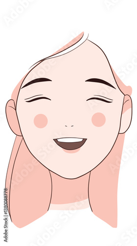Smiling asian female child with pink hair flat vector illustration