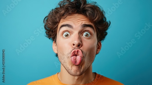 Young caucasian male making funny face with puckered lips and wide eyes against blue background
