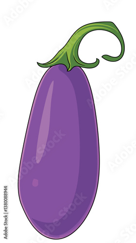 Purple eggplant cartoon illustration with green stem on white background flat vector illustration