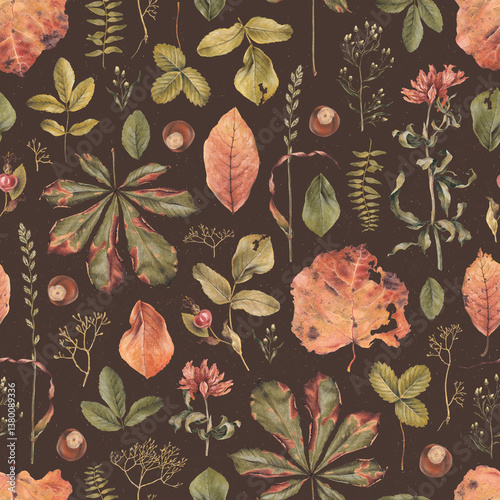Elegant hand drawn pattern design with illustrations of dried herbs, leaves and flowers. Perfect for home textile, wallpapers, fabrics, apparel, packaging design, stationery and other printed goods