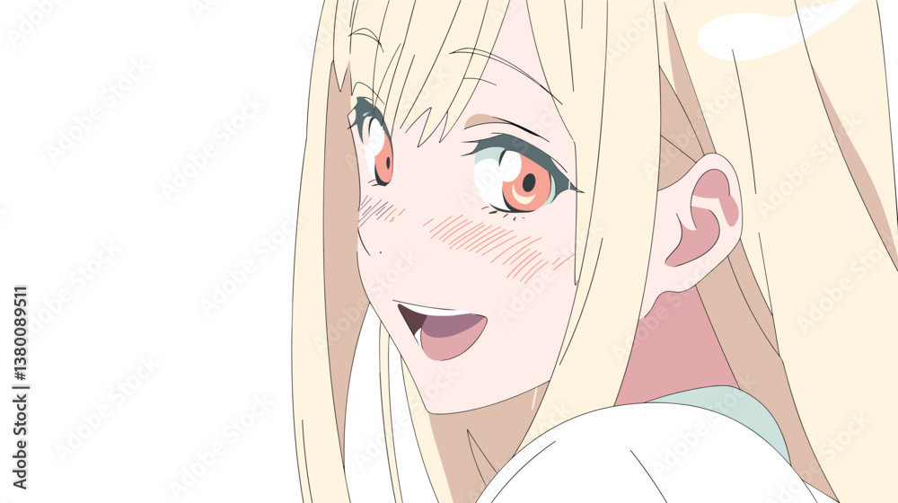 Anime character with blonde hair and pink eyes, smiling expression, light background flat vector illustration Anime character with blonde hair and pink eyes, smiling expression, light background flat vector illustration