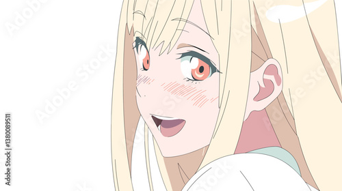 Anime character with blonde hair and pink eyes, smiling expression, light background flat vector illustration