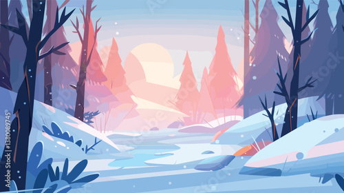 Tranquil winter landscape with snowy forest and frozen river at sunrise flat vector illustration