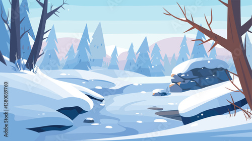 Serene winter landscape with snow-covered trees and frozen river flat vector illustration