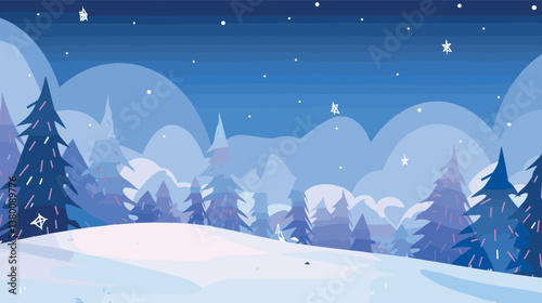Winter night forest landscape with snowy trees and starry sky flat vector illustration