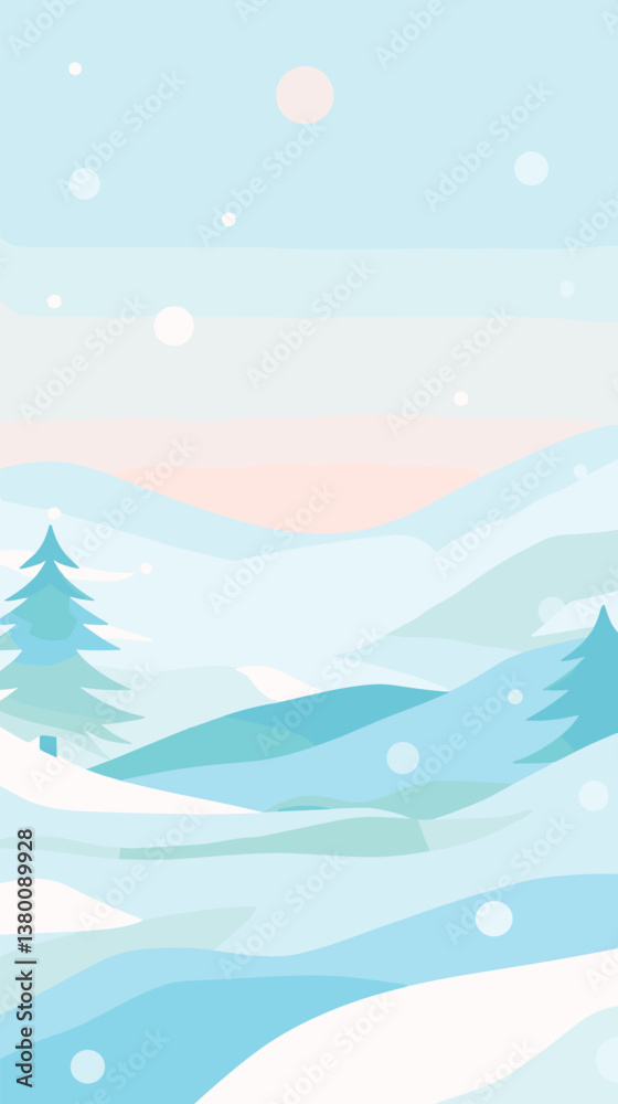 Fototapeta premium Peaceful winter landscape with snowy hills and pine trees flat vector illustration