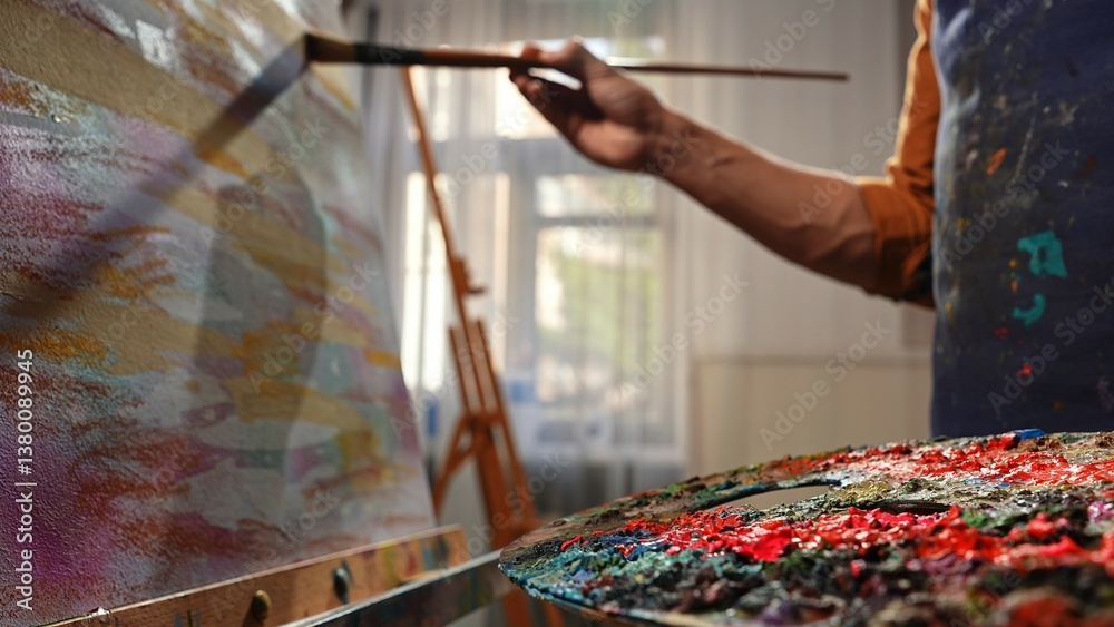 Obraz premium Person in apron stands at easel and drawing on canvas with paintbrush and palette during art class in studio, close up shot.