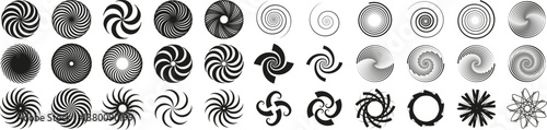 Set of abstract black spirals, vortexes, and swirl shapes perfect for dynamic designs and optical illusion effects on transparent background. Vector EPS 10