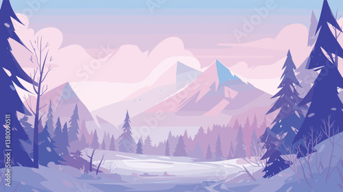Serene winter landscape with snowy mountains and pine trees at sunrise flat vector illustration