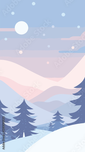 Winter landscape with snowy mountains, pine trees, and moonlit sky in soft pastel colors flat vector illustration