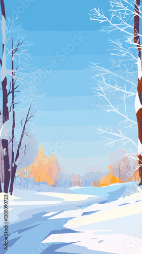 Serene winter landscape with snowy trees and clear blue sky flat vector illustration