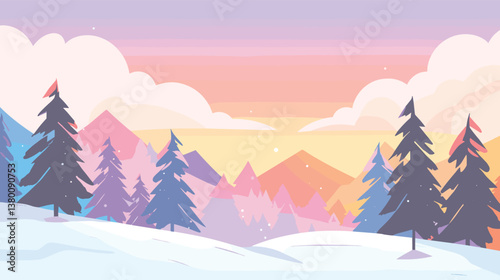 Serene winter landscape with snowy mountains and pine trees at sunset flat vector illustration