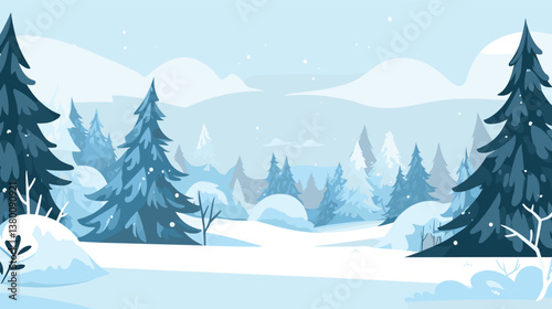 Winter wonderland with snow-covered pines in tranquil forest landscape flat vector illustration