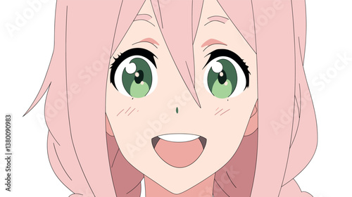 Smiling anime girl with pink hair and green eyes close-up flat vector illustration