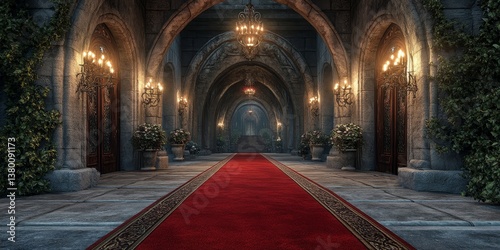 Majestic Castle Hallway Red Carpet Elegant Interior Architecture Design Dark Rich Room Grand Stone  