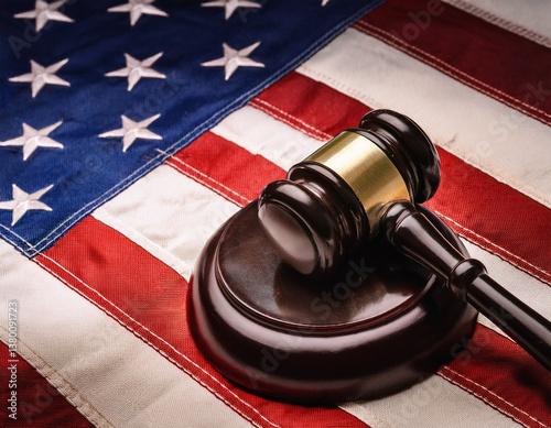 close-up of judge gavel placing on the usa flag