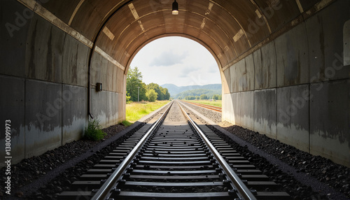 Railroad tracks stretching from a tunnel into nature scene for blogs, travel websites, transportation articles, landscape designs, and educational materials on railway infrastructure
