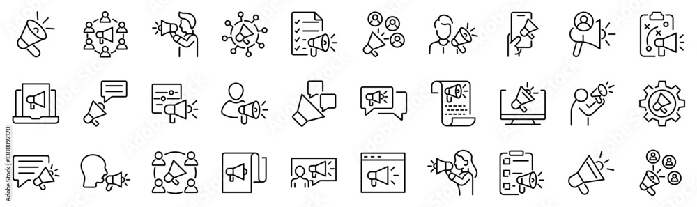 Set of 30 outline icons related to pr, public relations. Linear icon collection. Editable stroke. Vector illustration