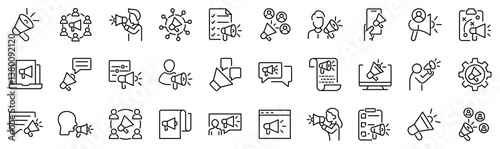 Set of 30 outline icons related to pr, public relations. Linear icon collection. Editable stroke. Vector illustration
