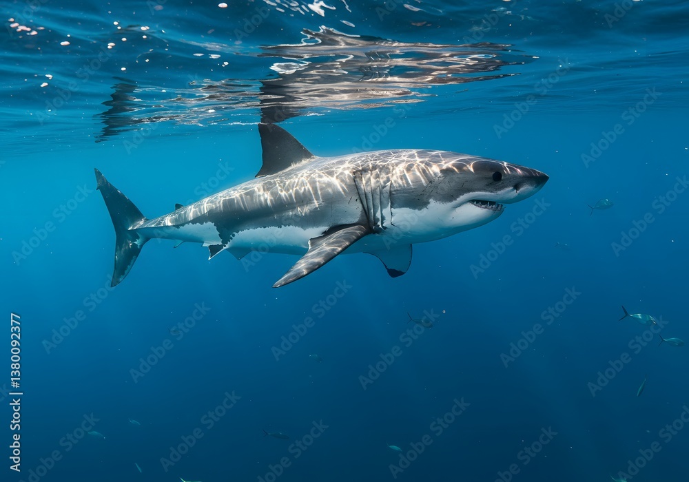 Obraz premium Majestic Underwater View Great White Shark Swimming in Ocean, Marine Life, Predator, Water, Wildlife.