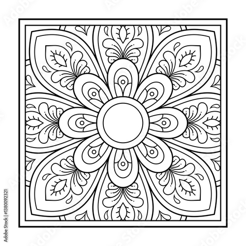 Decorative pattern of flowers and paisley for printing on fabric. Ornament for a bandana, a silk neckerchief, a tablecloth or a kerchief. Square sketch in tribal or oriental style.