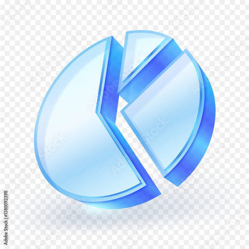 3D glossy blue pie chart icon with transparent glass effect. Business and finance infographic element. Modern data visualization symbol isolated on transparent background. Vector illustration file.