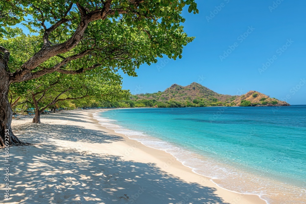 Tropical Beach Paradise: Azure Waters, White Sand, and Lush Trees. Sunny day on tropical coast, island landscape, idyllic seaside scene. Scenic Photography. Tropical Beach Paradise: Azure Waters, White Sand, and Lush Trees. Sunny day on tropical coast, island landscape, idyllic seaside scene. Scenic Photography.
