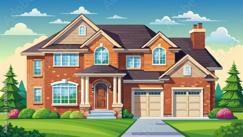 Luxury house exterior with brick and siding trim and double garage.