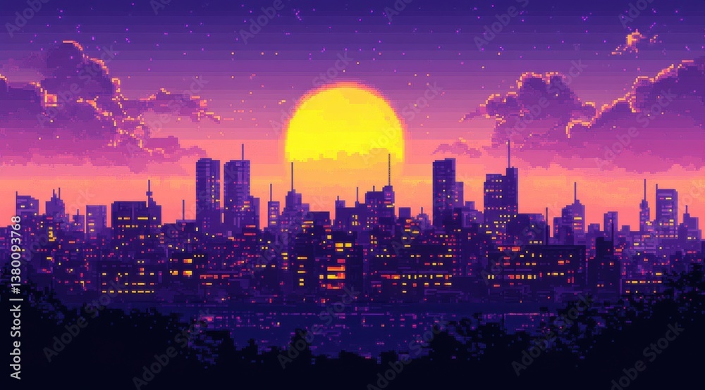 Fototapeta premium Colorful pixel art cityscape with vibrant sunset and urban skyline