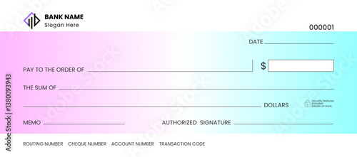 Blank bank cheque vector, customizable cheque design, printable layout.	