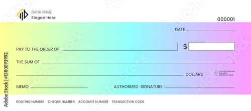 Blank check template, bank cheque vector printable layout.	