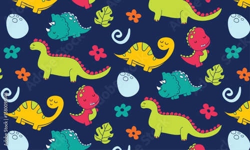 Vector childish seamless pattern with cartoon dinosaurs. Ideal for baby clothes, textiles, wallpaper, wrapping paper. Fun and lively dinosaur character repeat design.