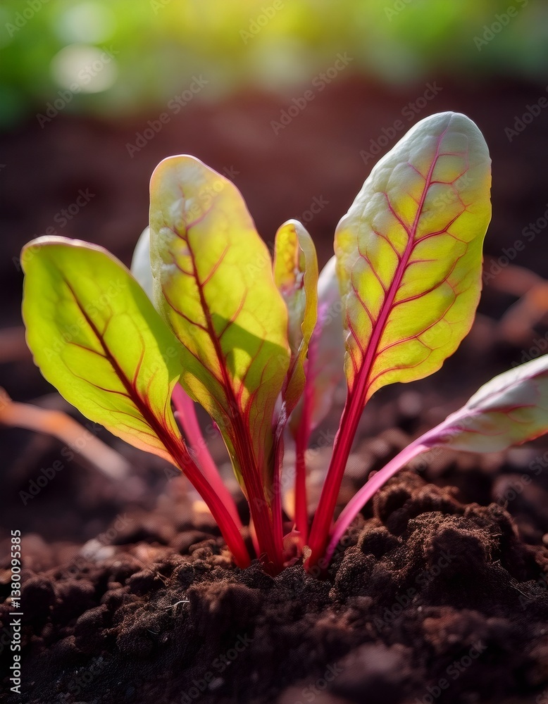 Vibrant sorrel rising from rich earth, bright sunlight highlighting verdant leaves and robust botanical development