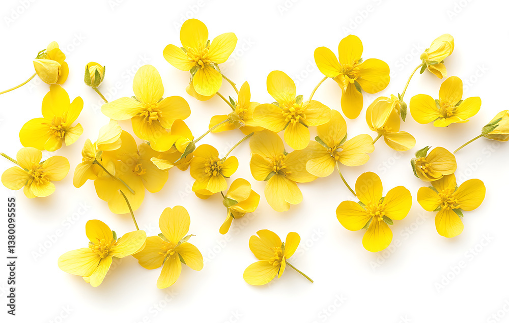 Fototapeta premium Yellow buttercup flowers scattered evoke sense of freshness and cheerfulness, radiating bright and joyful feeling that lightens up space