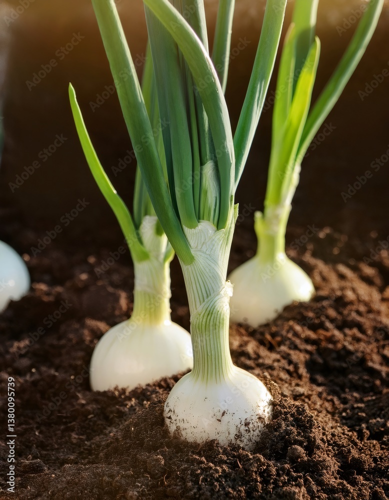 White onion bulbs nestling in rich, dark garden soil, nearing harvest stage