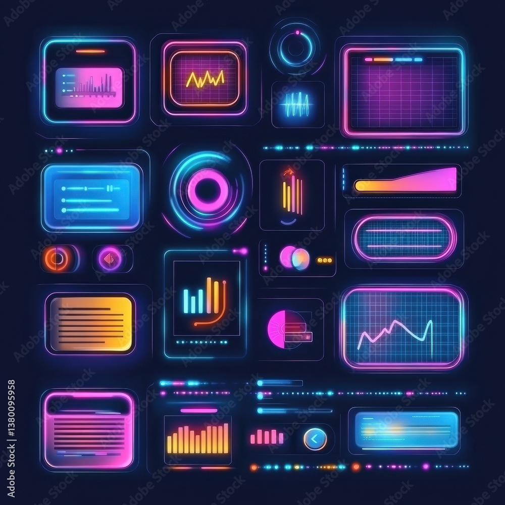 Digital user interface sticker elements on a grid background featuring buttons, cursors, and notifications in vibrant colors Digital user interface sticker elements on a grid background featuring buttons, cursors, and notifications in vibrant colors