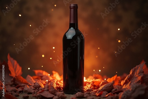 Obraz na płótnie An artistic depiction of a wine bottle set amid glowing autumn leaves, evoking a sense of seasonal celebration w salonie