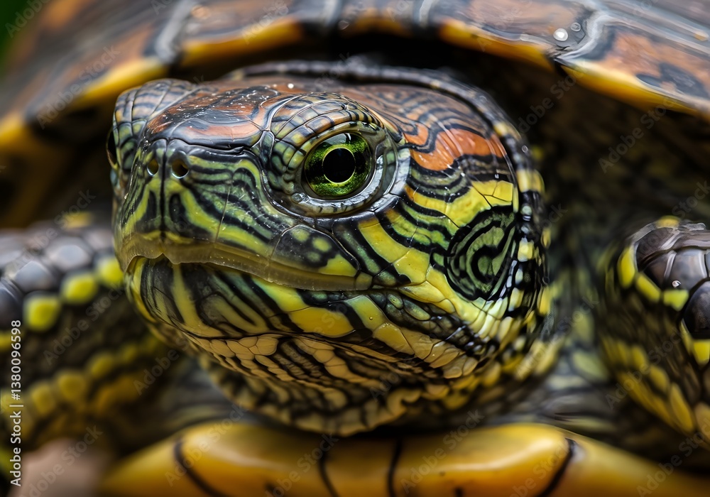 Obraz premium Close-up of Red-eared Slider Turtle, Detailed Face and Shell Pattern, Reptile Portrait.